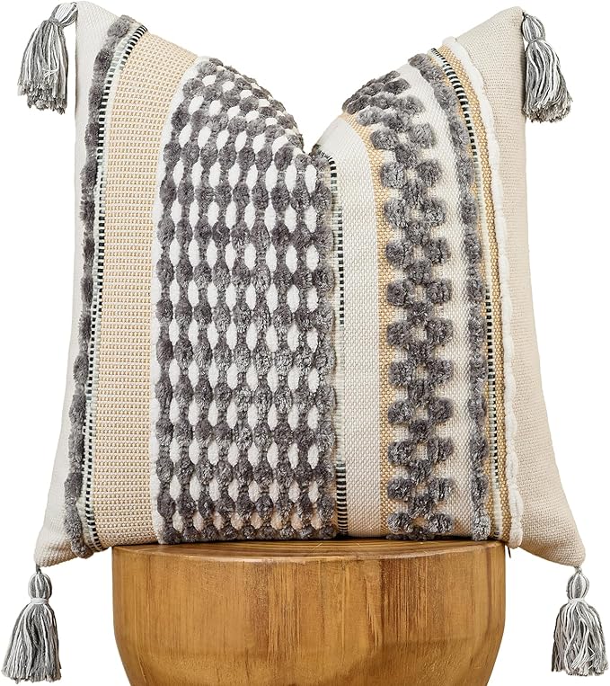 Chenille Striped Textured Boho Throw Pillow Covers Aesthetic with Tassels Woven Decorative Pillow Case for Couch Bed Sofa Bedroom Modern Funky 18 x 18-Inch Grey White