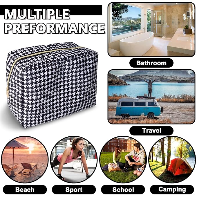 UIXIZQ Large Makeup Pouch, Nylon Women Travel Toiletry Storage Houndstooth Cosmetic Bag for Girls, Big Preppy Makeup Organizer Cute Zipper Pouch Skincare Bag for Sport School (Large-Houndstooth)
