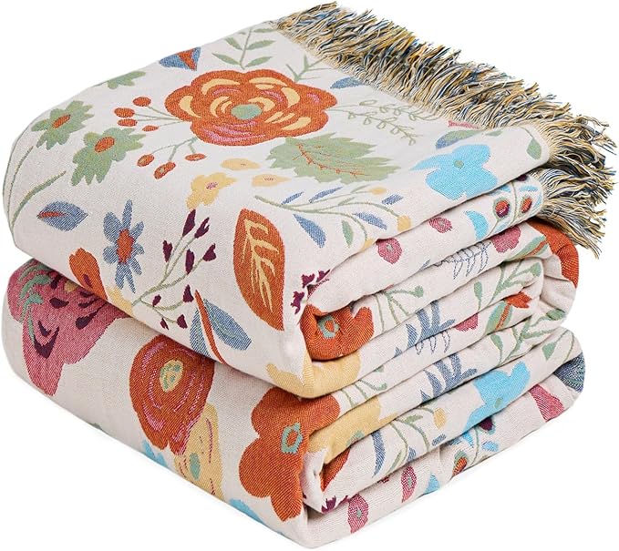 MSGKV Boho Throw Blanket 50"x60" Summer Cotton Floral Blanket for Couch | Muslin Throw, Floral Pattern, Reversible Woven, Lightweight Comfort, Farmhouse Decor, All Seasons, Machine Washable
