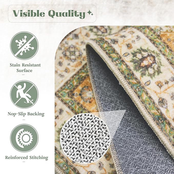 Area Rug 6x9 Washable Rug, Vintage Boho Medallion Rugs Non-Slip Soft Low Pile Large Distressed Rug Indoor Retro Carpet for Living Room Bedroom Dining Room Home Office (Vintage Green, 6'x9')