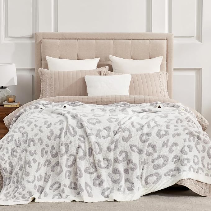 Snuggle Sac Leopard Queen Size Grey Microfiber Fluffy Warm Cozy Fuzzy Soft Blanket Reversible Cheetah Blankets for Bed, Couch, Sofa, 90x90 inches
