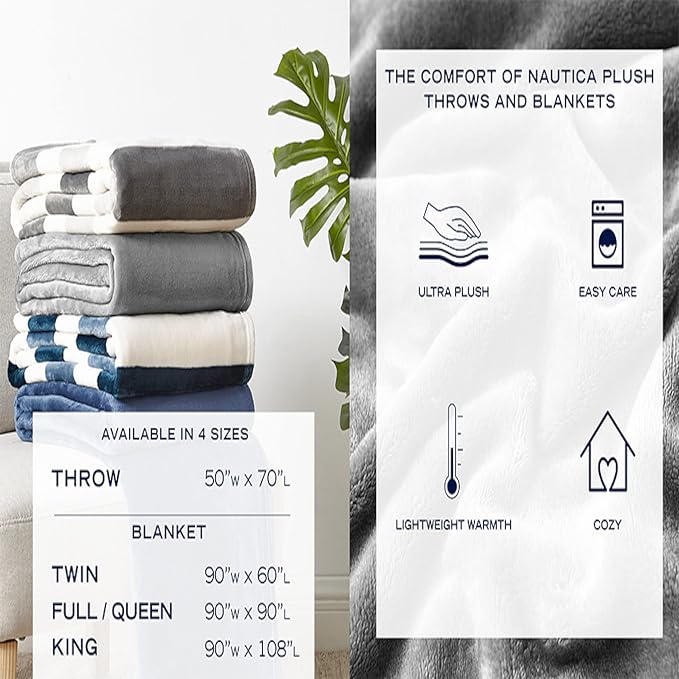Nautica - Throw Blanket, Super Soft & Cozy Fleece Blanket, Lightweight Plush Bedding for Couch & Bed (Awning Stripe Navy, 50' x 60')