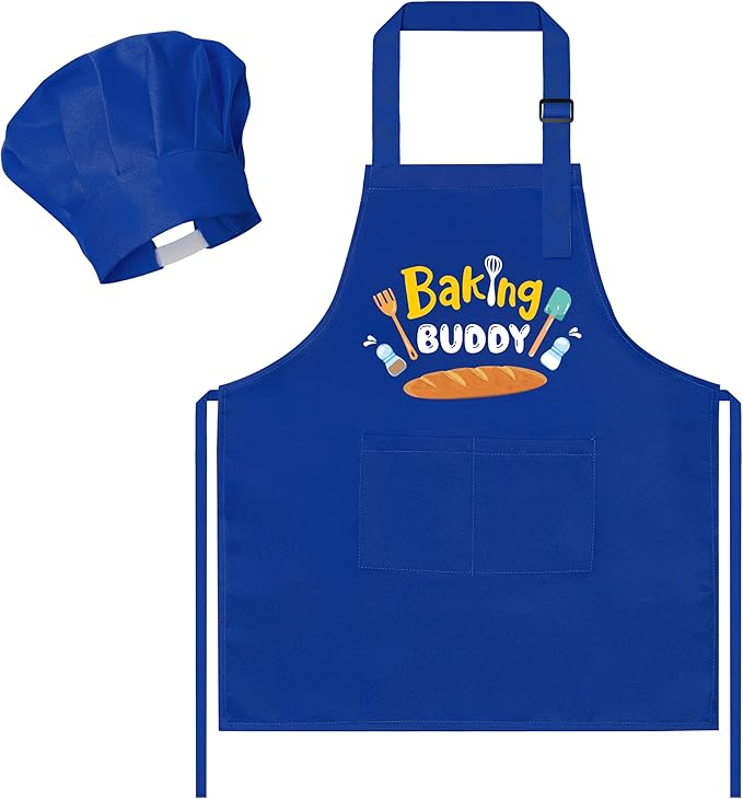 R HORSE 2Pcs Kid Apron and Chef Hat Set, Blue Adjustable Children Kitchen Toddler Apron for Boys, Dress up Role Play Chef Toy Funny Birthday Gift for Kids Cooking Baking Painting