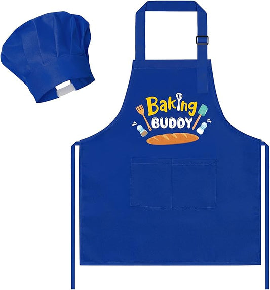 R HORSE 2Pcs Kid Apron and Chef Hat Set, Blue Adjustable Children Kitchen Toddler Apron for Boys, Dress up Role Play Chef Toy Funny Birthday Gift for Kids Cooking Baking Painting