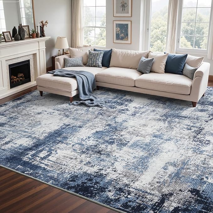 9x12 Ft Extra Large Washable Area Rugs for Living Room, Soft Non-Slip Modern Abstract Pattern Carpet for Bedroom Indoor Floor Nursery Home Decor (Blue)