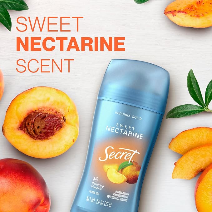 Secret Fresh Antiperspirant Deodorant for Women,72hr Breathable Sweat & Odor Protection,Instant Freshness & Gentle,PH Balancing Minerals,Invisible Solid,Sweet Nectarine Scent,2.6 oz,(Pack of 2)