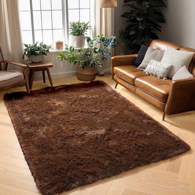 Amdrebio Chocolate Brown Furry Area Rug 5x7 for Living Room Bedroom Dorm | Plush Fuzzy Fluffy Carpet, Nursery Classroom Office Playroom Apartment Decor, Vintage Rustic Farmhouse Aesthetic, Dark Brown