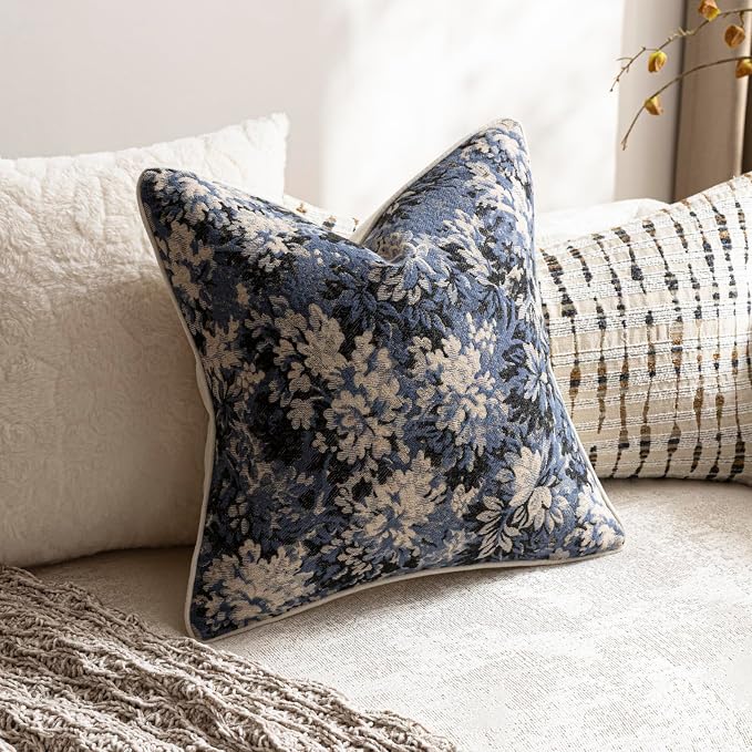 Pack of 2 Vintage Floral Throw Pillow Covers 18x18 Boho Farmhouse Accents Chenille Square Decorative Pillow Cases for Living Room Couch Bed Home Decor, Dusty Blue