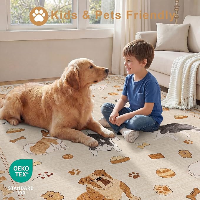 DUKINO 8x10 Area Rug, Washable Dog Rugs for Living Room Soft, Beige Yellow | Non Slip, Low Pile, Non-Shedding, Stain Resistant Animal Carpet for Bedroom Dining Room Nursery Farmhouse, Pet & Kid Friendly