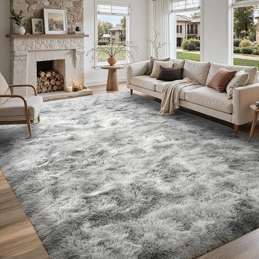 5x7 Ft Large Shag Rug for Living Room Bedroom,Tie-Dyed Ultra Soft Fluffy Furry Area Rug, Aesthetic Grey Carpet for Indoor Floor Home Decor