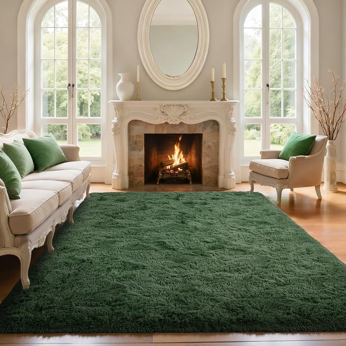 5x7 Green Area Rugs for Living Room Fluffy Shag Rug, Plush Bedroom Grass Carpet for Kids Teens Indoor Classroom Home Decor Aesthetic