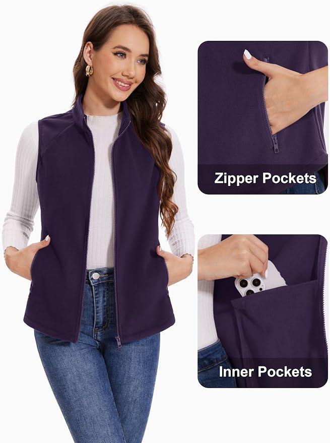 MAGCOMSEN Women's Fleece Vest with Zipper Pockets Zip Up Sleeveless Jackets Lightweight Soft Warm Polar Vest Outerwear