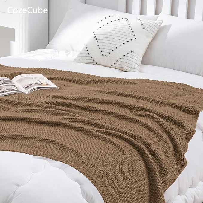 CozeCube Caramel Brown Seed Stitch Throw Blanket 50"x60", Farmhouse Decor | Blanket for Couch, Soft Cozy Cable Knit Throw for Bed Sofa Living Room, Lightweight Warm Decorative Christmas Blanket