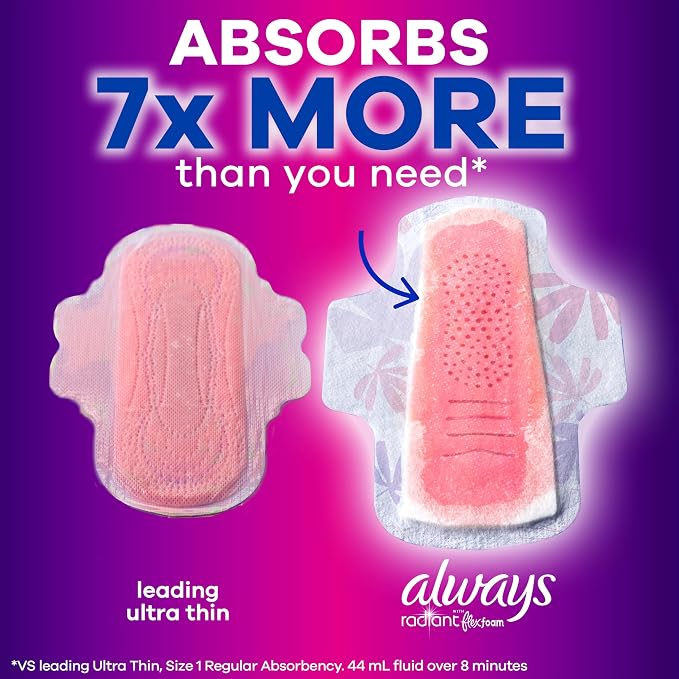 Always Radiant Flexfoam Pads for Women, Size 5, Extra Heavy Overnight Absorbency, With Wings, Scented, 18Count