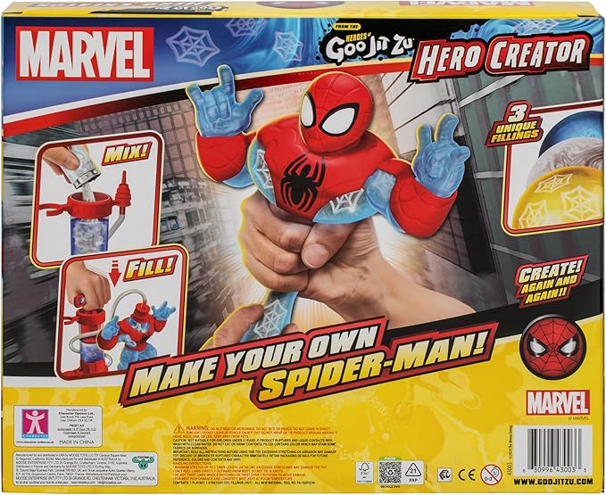 Heroes of Goo Jit Zu Marvel Hero Creator Spider-Man with 3 Unique Goo Fillings, Mix, Fill & Create Your Own Stretchy Spider-Man Hero of Goo JIT Zu Action Figure, Mix, Fill & Create Again and Again.
