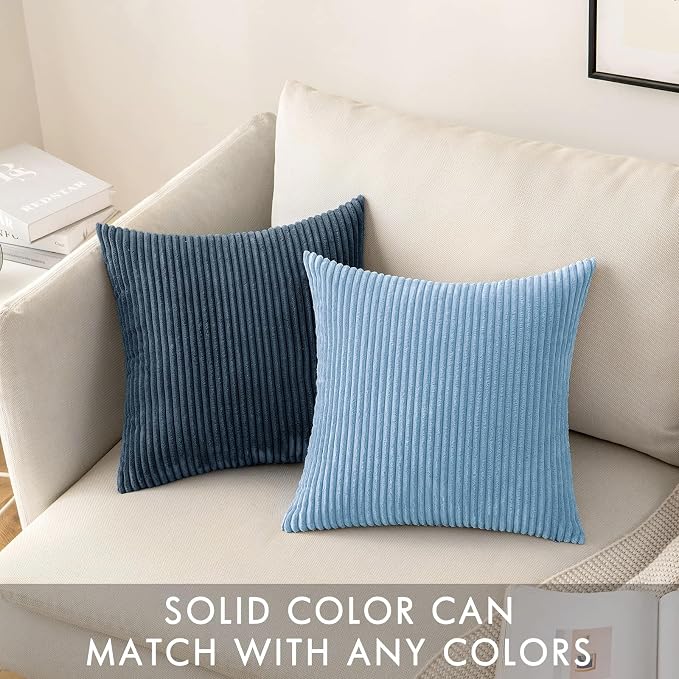 MIULEE Decorative Corduroy Throw Pillow Covers Set of 2 18x18 Light Blue | Soft Striped Textured Cushion Cases, Boho Energetic Vibe Pillowcases for Home Decor, for Couch Chair Sofa Bed Living Room