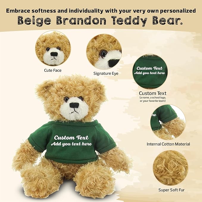 Customized Beige Brandon Bear - 12 inch Personalized Stuffed Bear Plush Toy - Perfect Custom Shirt Bear Gift for Graduation Valentines Graduation Easter Holidays (Green Shirt)