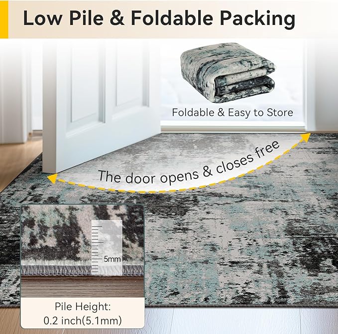 RELEANY Washable 6'x8' Abstract Area Rug for Living Room Teal Black | carpet for bedroom, kitchen, office, hallway and entryway, printed pattern, non-slip, soft, stain-resistant, easy to clean