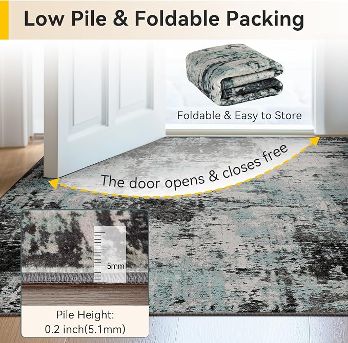 RELEANY Washable Runner 2'x6' Abstract Area Rug for Hallway Teal Black | carpet for kitchen, entryway, bathroom, living room, bedroom, printed pattern, non-slip, soft, stain-resistant, easy to clean