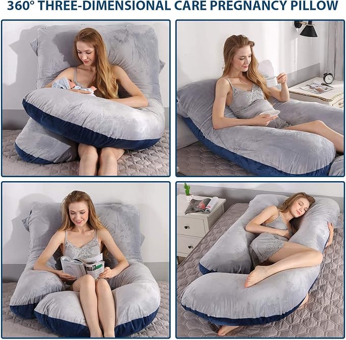 U-Shaped Full Body Pregnancy Pillow for Sleeping – 57" Maternity Pillow with Removable Cover, Support for Back, Legs, Belly & Hips (Velvet-Blue and Grey)