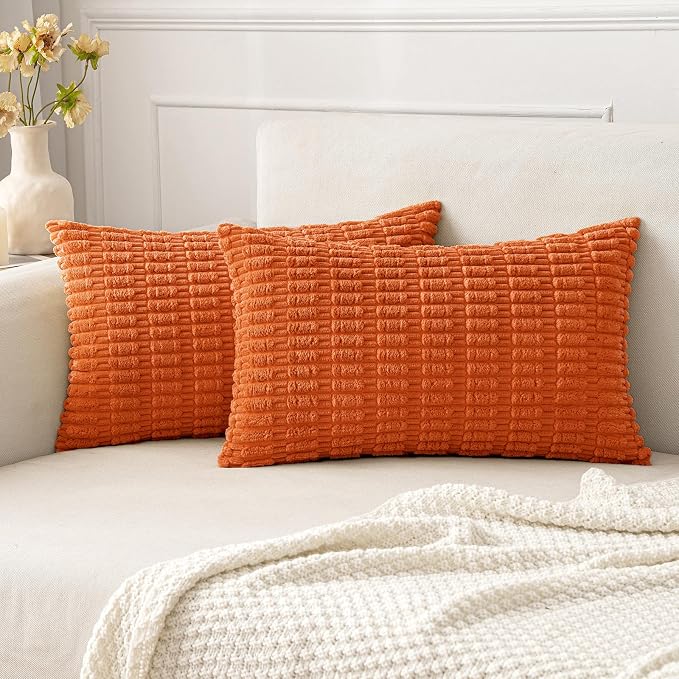 MIULEE Fall Lumbar Corduroy Decorative Throw Pillow Covers 12x20 Orange | Pack of 2 Soft Boho Striped Pillow Covers Modern Farmhouse Autumn Home Decor For Sofa Living Room Couch Bed
