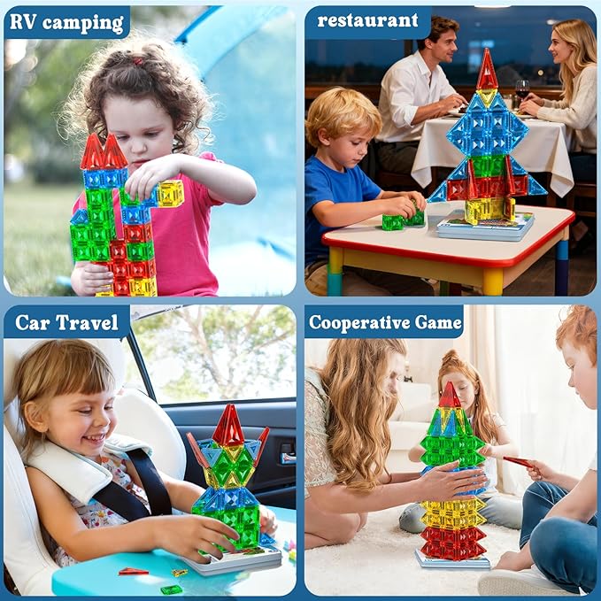 60pcs Mini Magnetic Tiles for Kids Ages 3-8,Travel Magnetic Building Blocks with Metal Storage Box, STEM Educational Toys, Montessori Sensory Learning Toys for Toddlers, Boys & Girls Gift