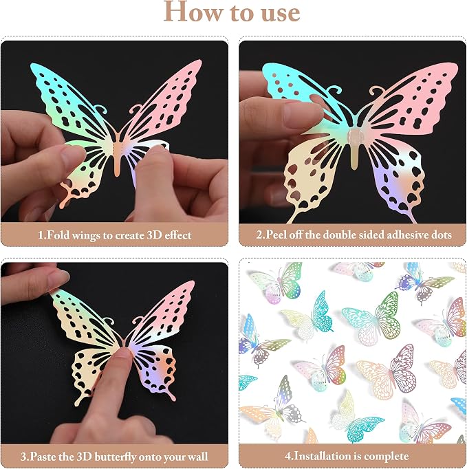 SAOROPEB 3D Butterfly Wall Decor 48 Pcs Laser Butterfly Birthday Decoration | 4 Styles 3 Sizes, Butterfly Party Decorations Cake Decorations, Removable Stickers