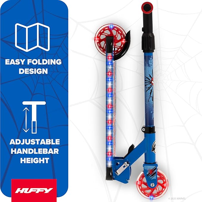 Huffy Disney and Marvel Light Up Kids' Inline Scooters, Multiple Color Options, LED Lights, Ages 5+ Years Old, Adjustable Handlebar, Durable Steel Frame, Foldable, Girls/Boys, 2-Wheels