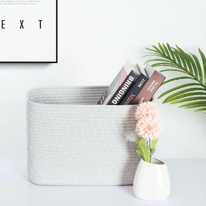 3-Pack Decorative Woven Storage Baskets for Shelves, Cube Bin Box for Organizing Books, Shoes, Dog Toys, Pantry Closet and Living Room Organizer, Light Gray Mix