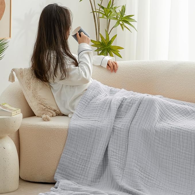 Love's cabin 100% Cotton Muslin Blanket, 6 Layer Lightweight Breathable Gauze Large Throw Blanket 50 x 70 Inches, Soft Cooling All Season Blanket for Couch or Sofa, Light Grey