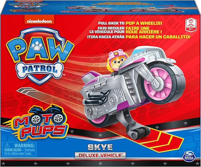 Paw Patrol, Moto Pups Skye’s Deluxe Pull Back Motorcycle Vehicle with Wheelie Feature and Toy Figure