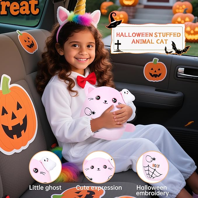 Halloween Spooky Plush Cat Toy – Pink Cat Stuffed Animal Ghost Theme Halloween Party Favors Spider Toy Festive Stuffed Animal Soft Haunted Home Decor 10 Inch