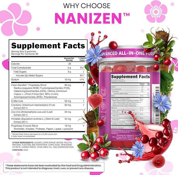 Clean Nutra Vaginal Probiotic Gummies for Women Cranberry Digestive Enzymes D Mannose Womens Probiotic Dmannose Horsetail Bromelain Chicory Fiber Feminine Care Prebiotics Inulin Papaya Enzyme Gummy