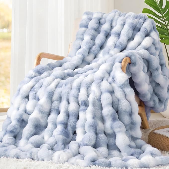 Luxury 1000GSM Rabbit Faux Fur Blanket, Super Heavy Warm Cozy Brown Blankets for Couch Bed Sofa, Ruched Plush Fuzzy Elegant Soft Reversible Mink Blanket Living Room Bedroom, 90" x 90"