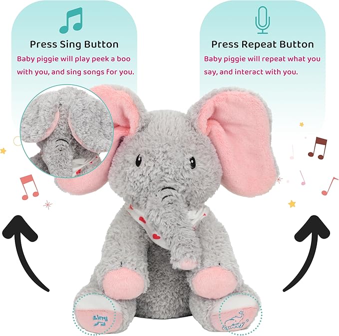 Cuteoy Peek A Boo Elephant Interactive Plush Toy Musical Singing Talking Stuffed Animal Adorable Electric Animate Christmas Birthday Gifts for Girls Boys