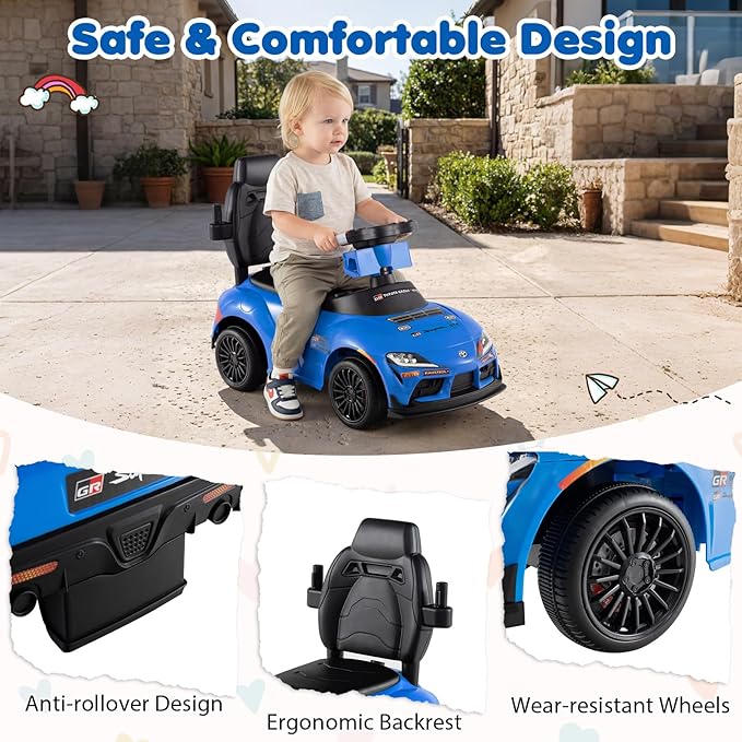 Costzon Push Car for Toddlers, 3 in 1 Toyota Licensed Stroller Sliding Walking Car w/Handle, Music, Safety Guardrail, Under-Seat Storage, Foot-to-Floor Kids Ride On Toys for Boys Girls (Blue)