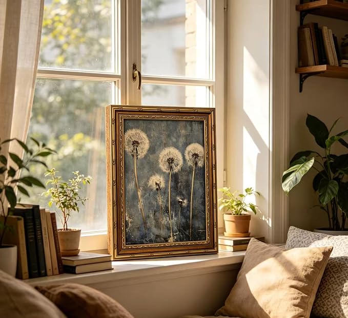 Vintage Gold Framed Dandelion Wall Art Moody Cottagecore Dandelion Painting Canvas Print Gothic Dark Plant Print Poster Wall Decor Retro Moody Plant Floral Poster Artwork for Bedroom Living room