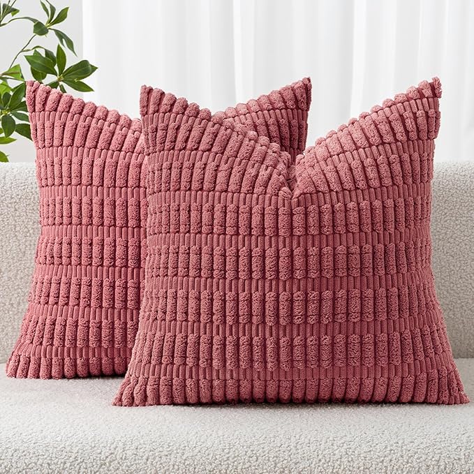 MIULEE Corduroy Decorative Throw Pillow Covers 18x18 Crimson Pack of 2 | Soft Boho Striped Pillow Covers Modern Farmhouse Home Decor For Sofa Living Room Couch Bed