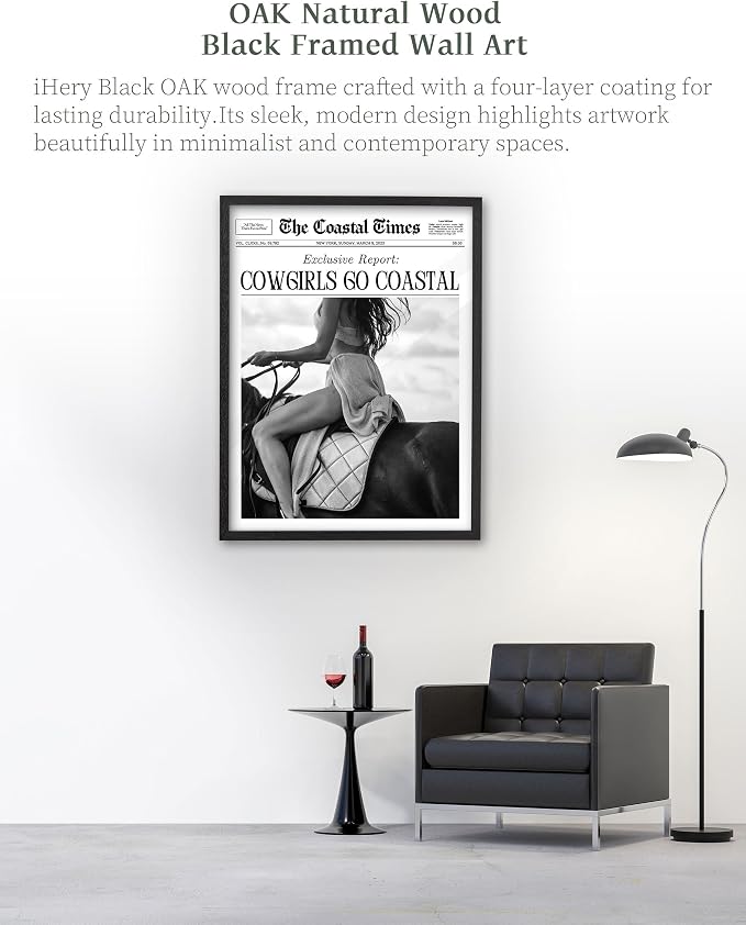 iHery 12x16in Cowgirls Go Coastal Framed Newspaper Wall Art | Premium Black Natural OAK Wood Frame with Canvas Print, Western Horseback Decor for Bedroom, Dorm, Living Room 1Pack