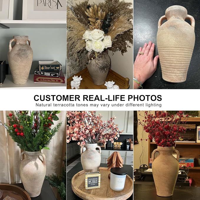 Ceramic Vase with Handles,11 inch Tall Brown Terracotta Vase | Handcrafted Rustic Farmhouse Style,Decorative Pottery Clay Vase,Home Decor,Table Centerpiece