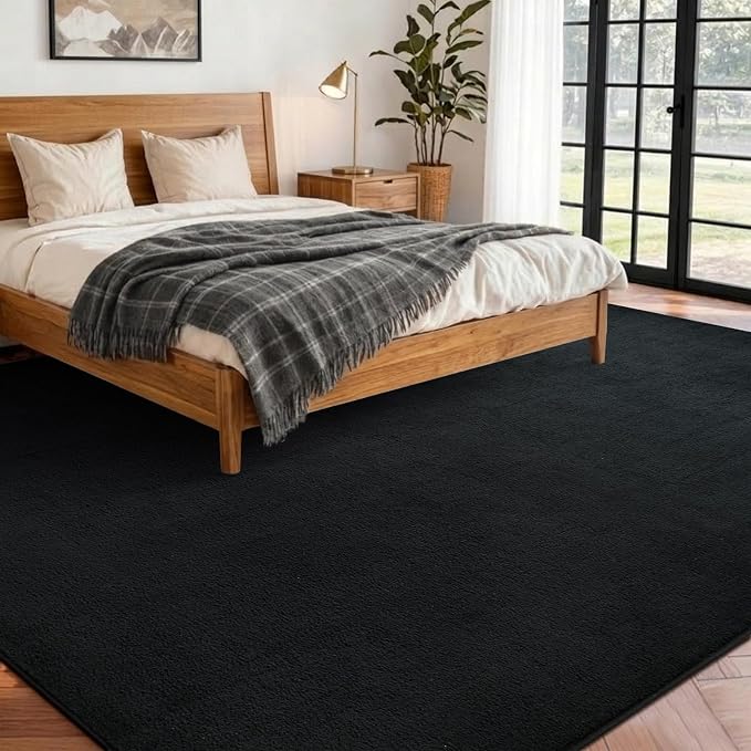 FinRèc 7x10 Washable Area Rugs for Bedroom Living Room, Low Pile Thin Rug Solid Color, Non-Slip Carpet Indoor for Home Decor (Pure Black)