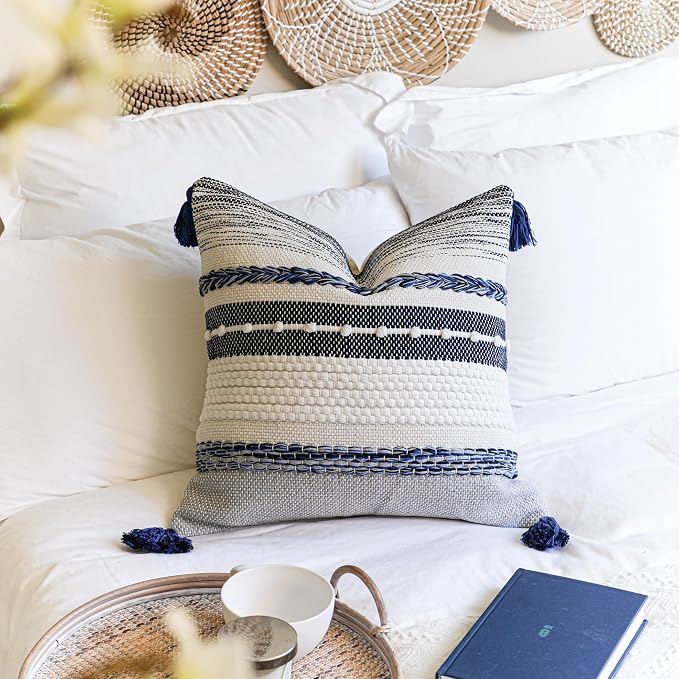 Navy Dark Blue Boho Throw Pillow Cover 22x22 Grey Decorative Accent Pillow for Couch Square Woven Textured Pillowcase Modern Boho Pillow for Bed, Bohemian Pillow Cover (Pack of 1)