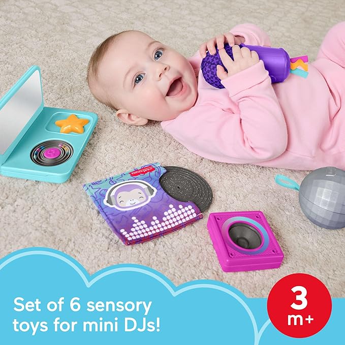 Fisher-Price Baby Toys Mini Me Moments DJ Set, 6-Piece Newborn Sensory Activities for Developmental Play Infants Ages 3+ Months