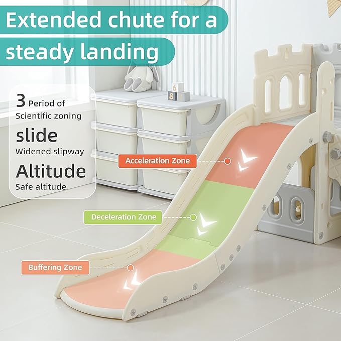 5 in 1 Toddler Slide, Extra-Long Kids Slide for Toddlers Age 1+ with Basketball Hoop and Ball, Storage Space, Indoor Outdoor Slide Playset Toddler Playground Climber Playset, Grey