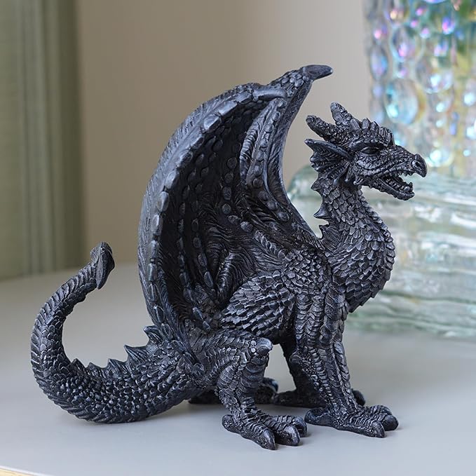 Gothic-Themed Dark Dragon Statue Figurine 8'' Long Majestic Dragon Medieval Mythic Guardian Collectible Fantasy Decoration Home Office Shlef Mantel Decor Gifts