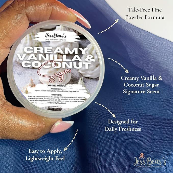 Creamy Vanilla & Coconut Body Dusting Powder for Women, 4oz Jar | Talc Free Body Formula, Soft Scented Skin Care, Gentle Powder for Daily Freshness, Includes Puff Application