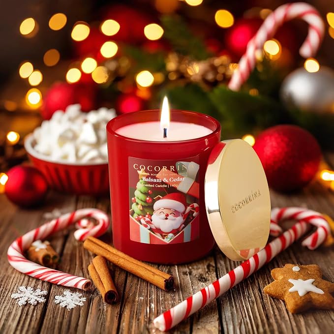 COCORRÍNA Fall Candles - Balsam & Cedar 5 oz Soy Wax Scented Jar Candles for Home Scented, 31 Hours Burn Time, Aromatherapy Candle Gifts for Men Women (Christmas Edition)