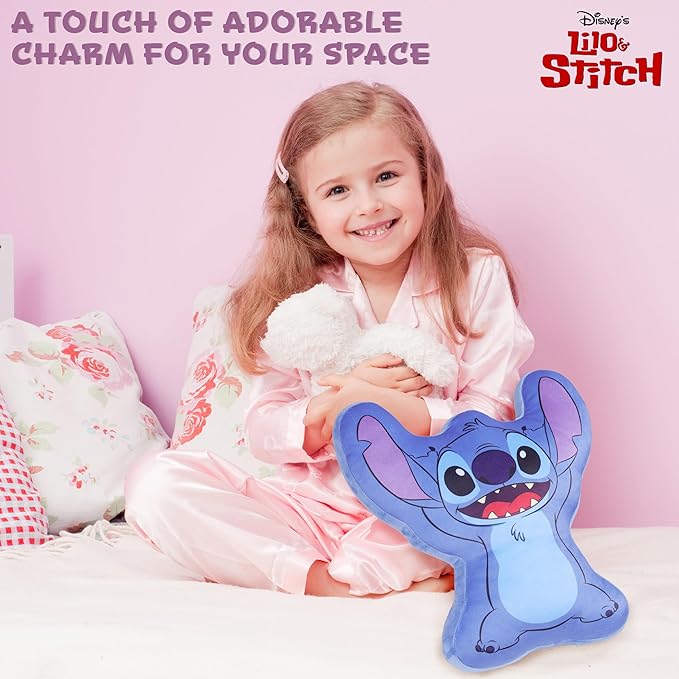 Disney Stitch 3D Plush Cushions for Bed Travel, Cute Cuddle Pillow Stuffed Character Pillow, Bedroom Accessories, Room Decor, Gifts for Kids (Blue Stitch, L13.38 x W12.59)