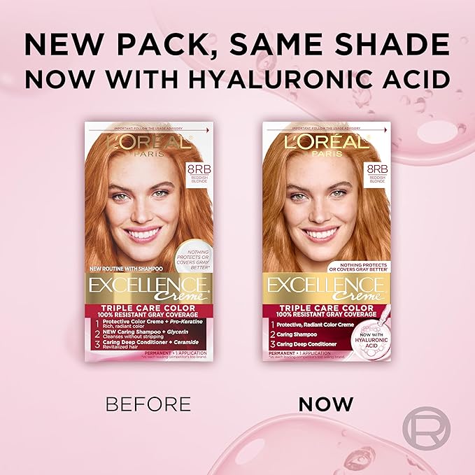 L'Oreal Paris Excellence Crème Permanent Hair Dye, Triple Care Hair Color with Hyaluronic Acid for 100% Gray Coverage, 8RB Reddish Blonde, 1 Kit (Packaging May Vary)