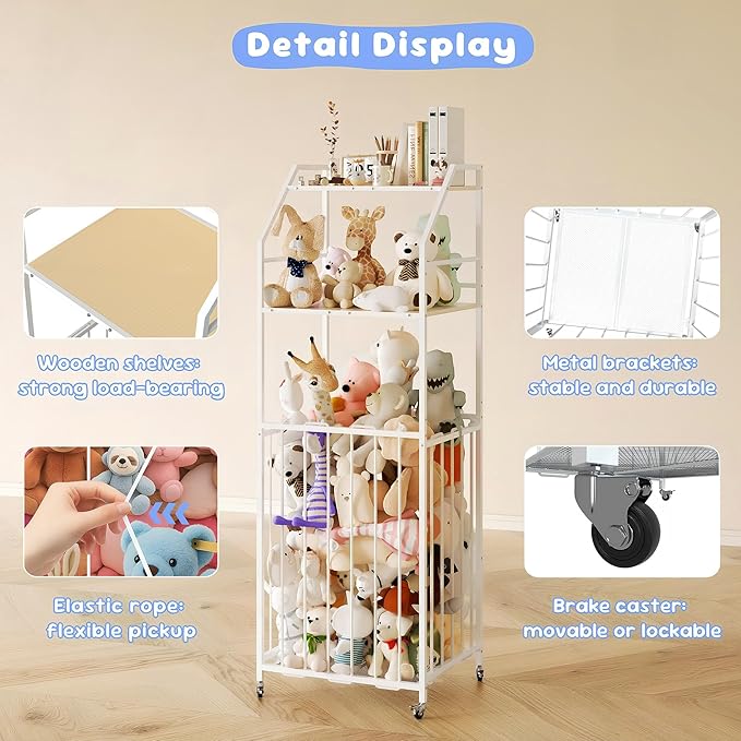 Stuffed Animal Storage Zoo 3 Tier - Large Stuffed Animals Holder Wood and Metal Plush Toy Storage with Brake Wheels Space Saver for Kids Playroom Bedroom Nursery(57.9”H)